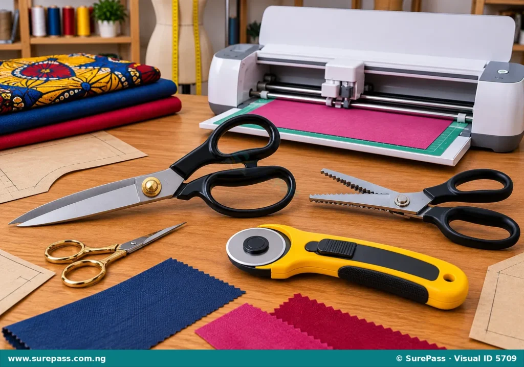 Various cutting tools including tailor shears, pinking shears, small scissors, and a rotary cutter.