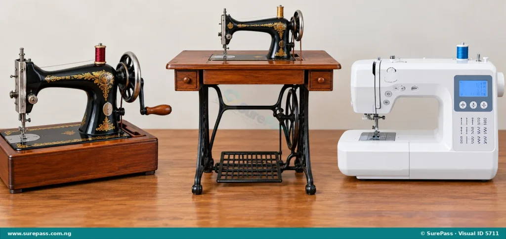 Three types of sewing machines: hand-crank, treadle, and electronic.