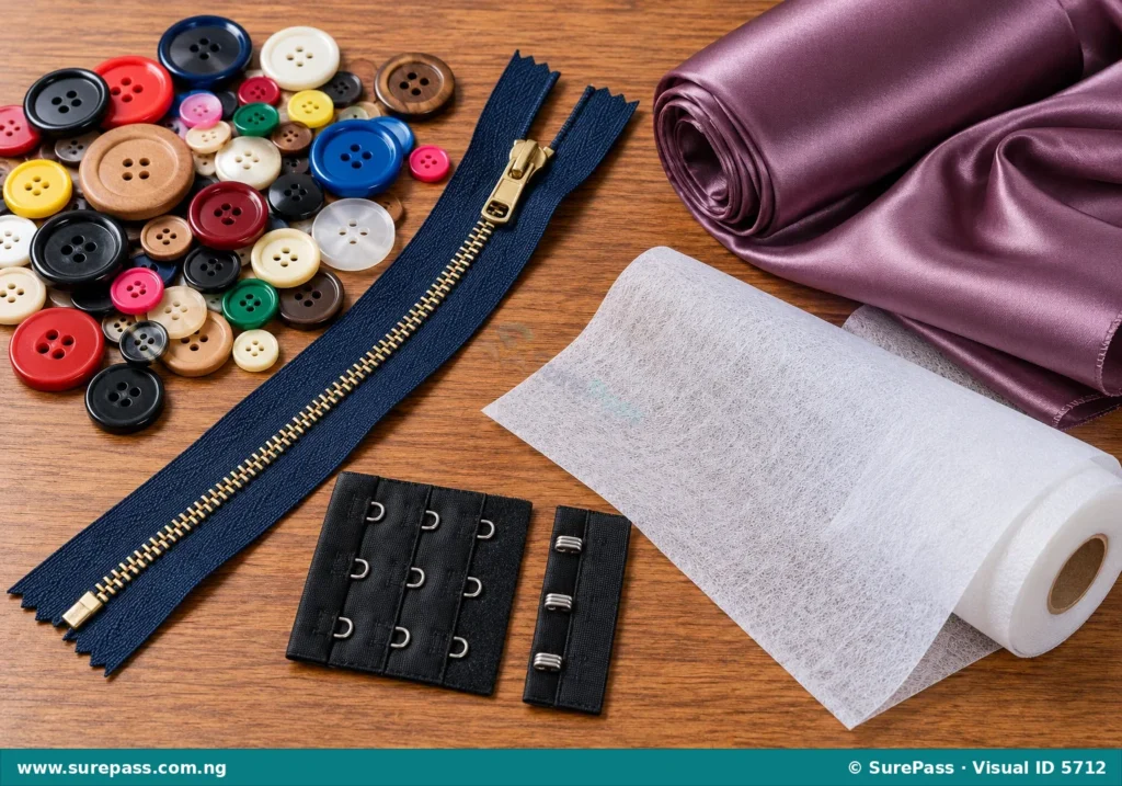 Sewing materials including buttons, zippers, hook-and-eye fasteners, lining fabric, and gum-stay.