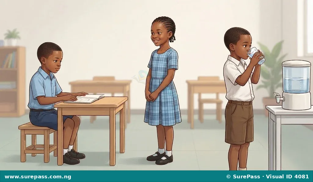 Three children performing actions: one sitting, one standing, one drinking water.