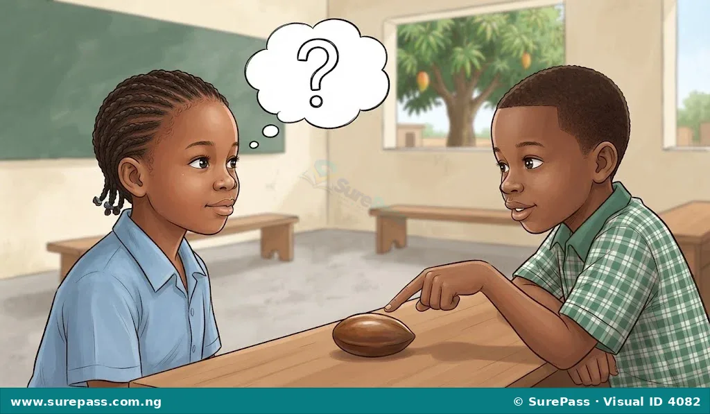 A child looking curious with a question mark thought bubble, and another child pointing at an object.