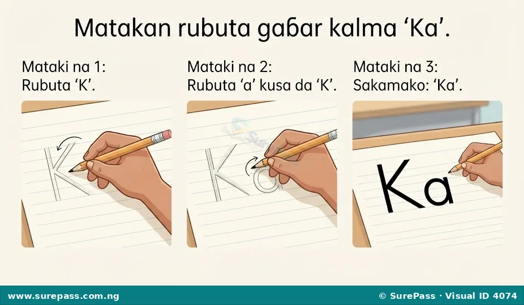Step-by-step illustration of writing the Hausa syllable 'Ka'. First, the letter K is written, then the letter a is added next to it.