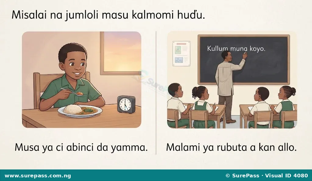 Two illustrations showing Musa eating food in the evening and a teacher writing on a blackboard, each with a Hausa sentence.