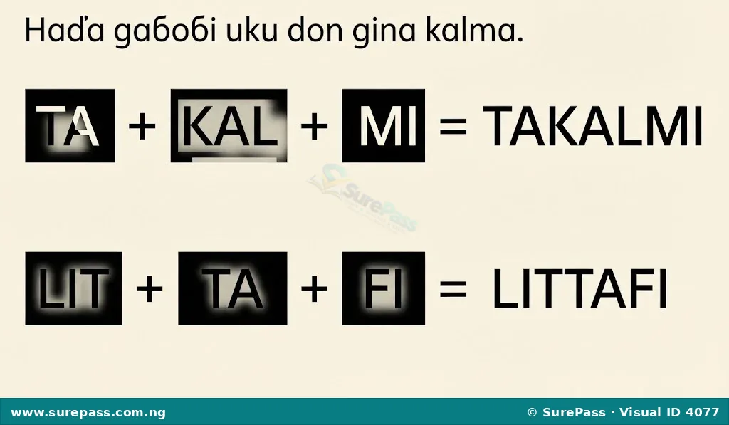 Syllable blocks TA, KAL, MI combine to form TAKALMI. Syllable blocks LIT, TA, FI combine to form LITTAFI.