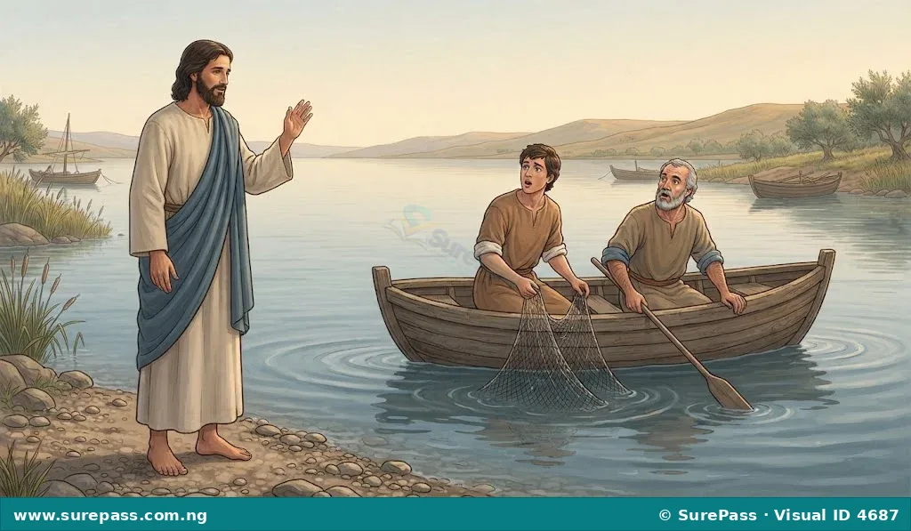 Jesus calling two fishermen from their boat by a lake.