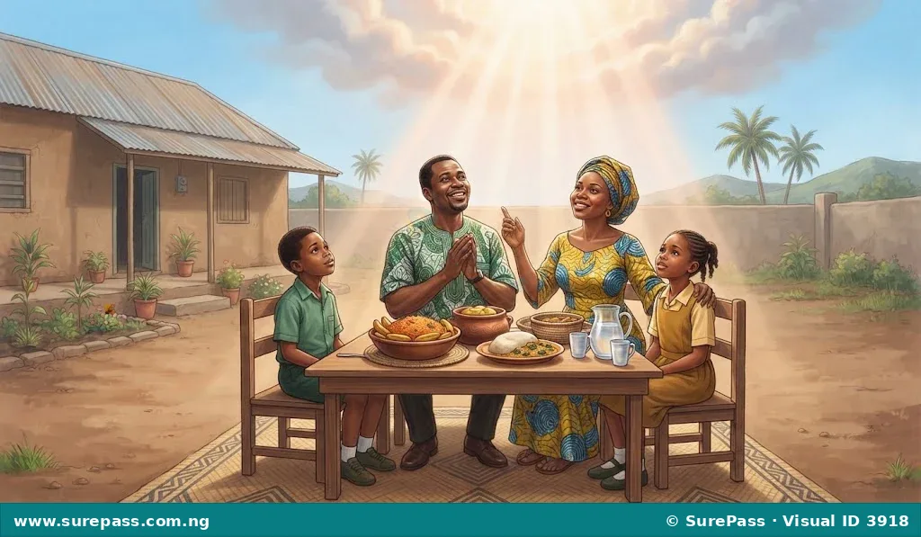 A Nigerian family with a father, mother, and two children, showing a house, food, and a guiding light from above.