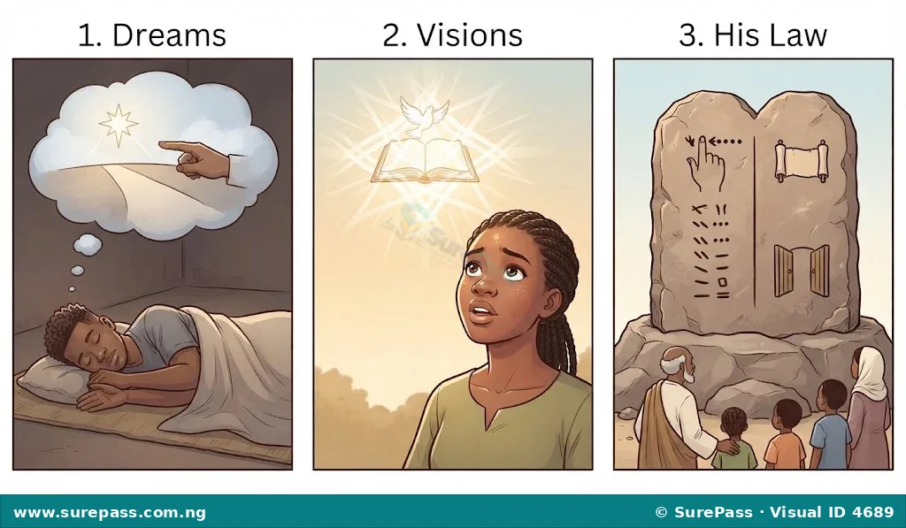 Three panels showing different ways God reveals Himself. One shows a person dreaming, another shows a person having a vision, and a third shows stone tablets representing the Law.