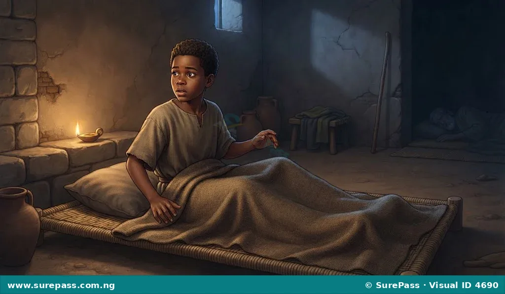 Young Samuel sitting up in bed in a dimly lit room, looking attentive as if hearing a voice.