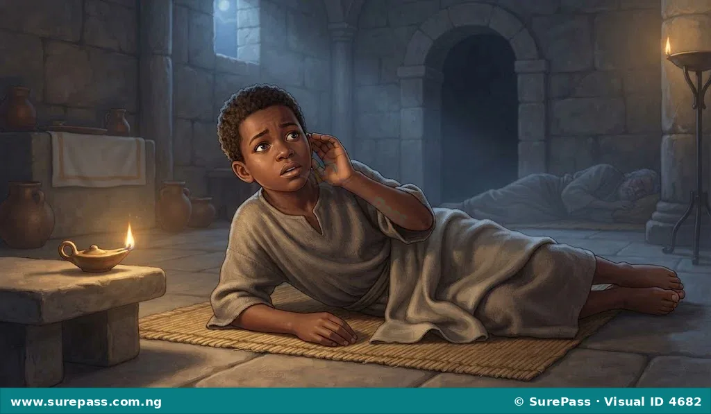 A young Samuel in a temple, looking up as if hearing a voice.