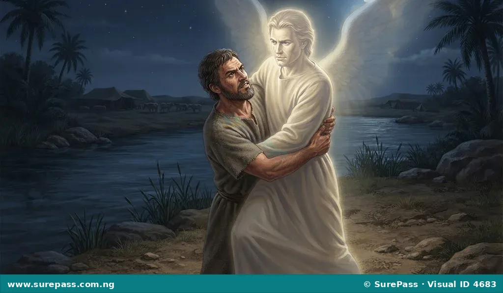 Jacob wrestling with an angel by a river at night.