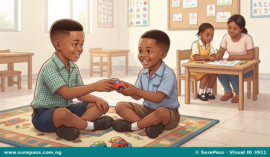 A Nigerian boy sharing a toy car with a friend, while another girl helps a friend with a drawing.