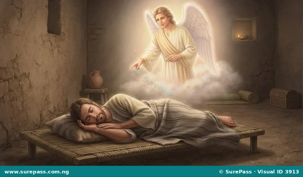 An angel appears to Joseph in a dream.