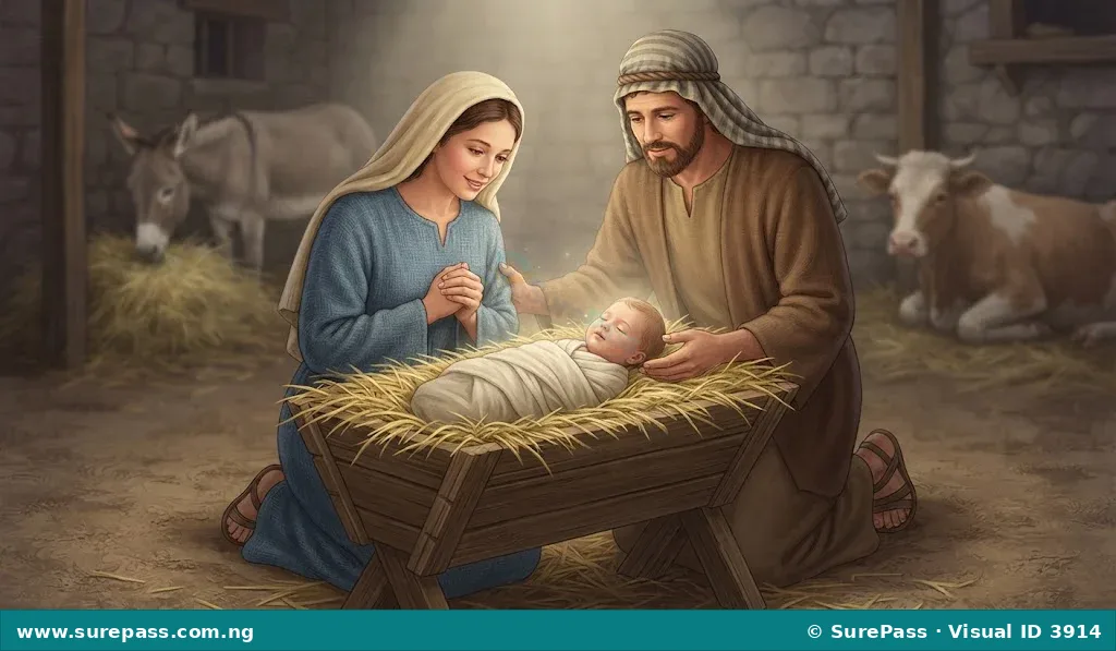 Baby Jesus is born and laid in a manger, with Mary and Joseph watching over Him.