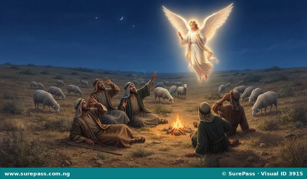 An angel appears to shepherds in a field at night, bringing good news.