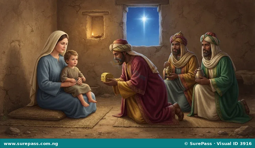 The wise men visit Jesus and offer Him gifts of gold, frankincense, and myrrh.