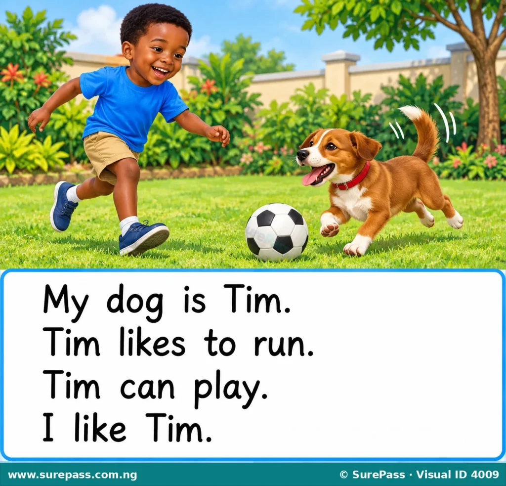 A boy playing with his dog, Tim, in a garden. The text describes their activities.