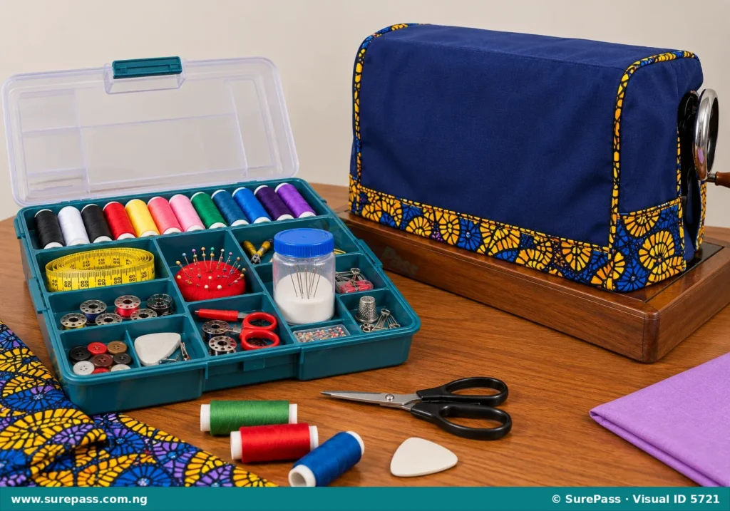 An organized sewing kit box with a jar of talcum powder and a covered sewing machine.