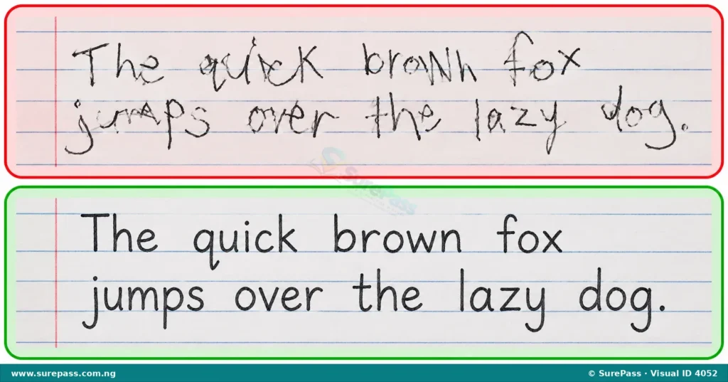 An example of messy handwriting compared to clear handwriting.