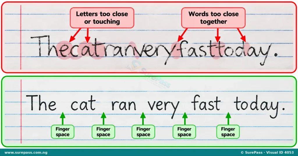 An example of incorrect spacing in handwriting compared to correct spacing.