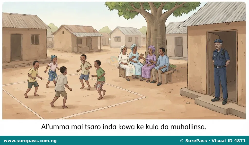 A lively Nigerian community with people going about their daily activities, showing a sense of safety and awareness.