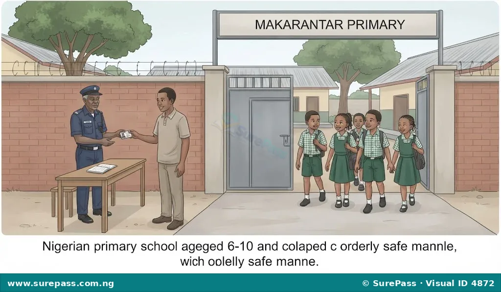 A security guard at a Nigerian school gate checking a visitor's identification, ensuring the safety of students.
