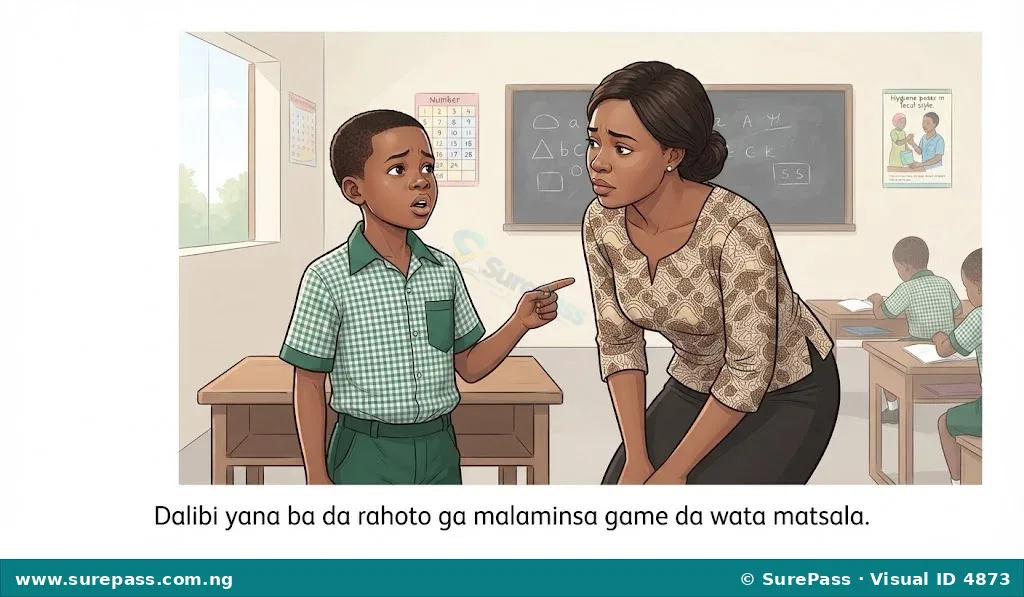 A primary school student in Nigeria reporting a concern to their teacher in a classroom.
