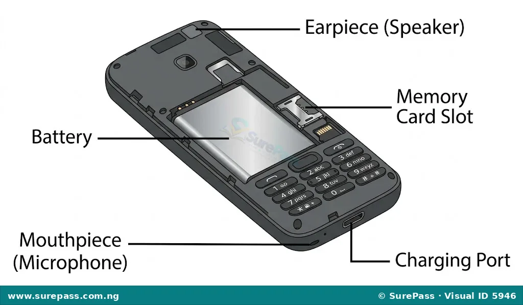 Diagram showing a mobile phone with labels pointing to its mouthpiece, earpiece, memory card slot, charging port, and battery.