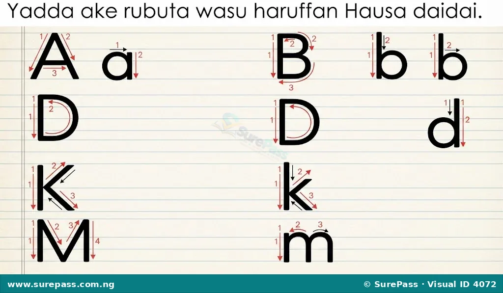 A handwriting guide showing the correct stroke order for writing Hausa letters like A, B, and D, both in uppercase and lowercase, on lined paper.