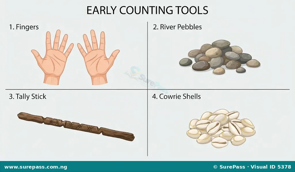 Illustration of early counting tools including fingers, pebbles, a tally stick, and cowrie shells.