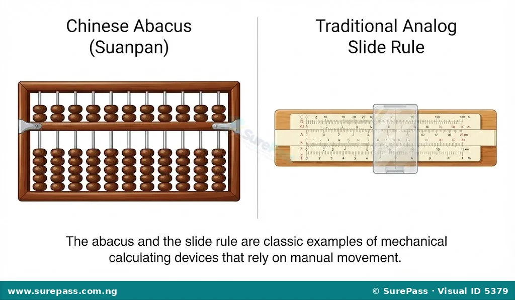 A side-by-side comparison of a wooden abacus and a mechanical slide rule.