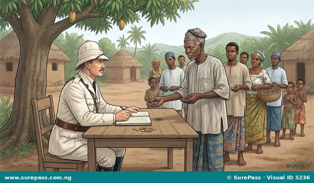 Colonial-era illustration of a British tax collector receiving money from Nigerian villagers.
