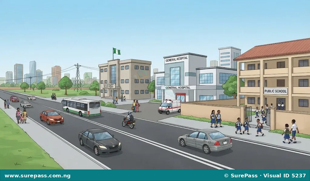 Modern Nigerian city scene with public services like roads, schools, and hospitals, representing the use of taxes in the post-colonial era.