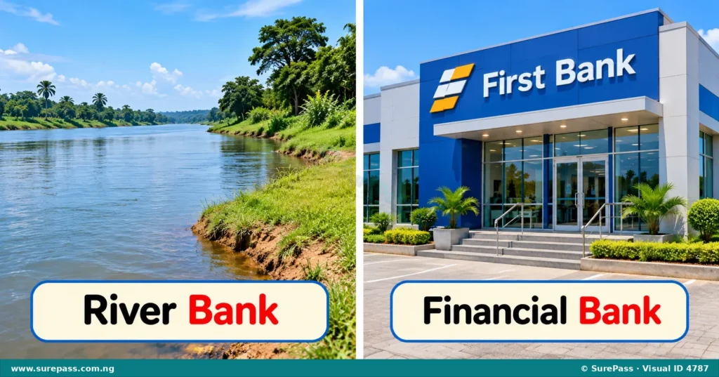 A river bank and a financial bank building, illustrating the homograph "bank".