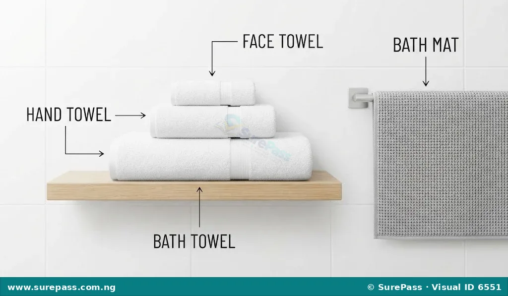 A stack of bathroom towels of different sizes=