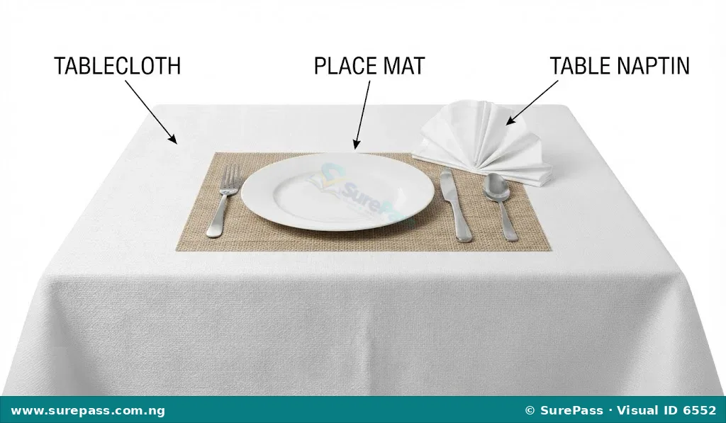 A dining table setting showing a tablecloth, place mat, and folded napkin.