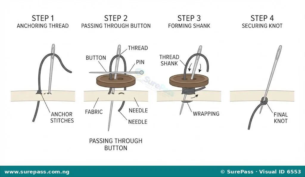 Step-by-step diagram showing how to sew on a button with a thread shank.