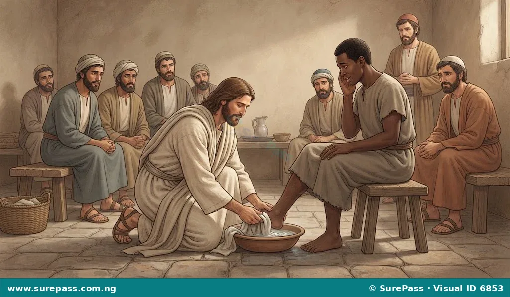Jesus kneeling to wash the feet of one of his disciples, demonstrating humble service.