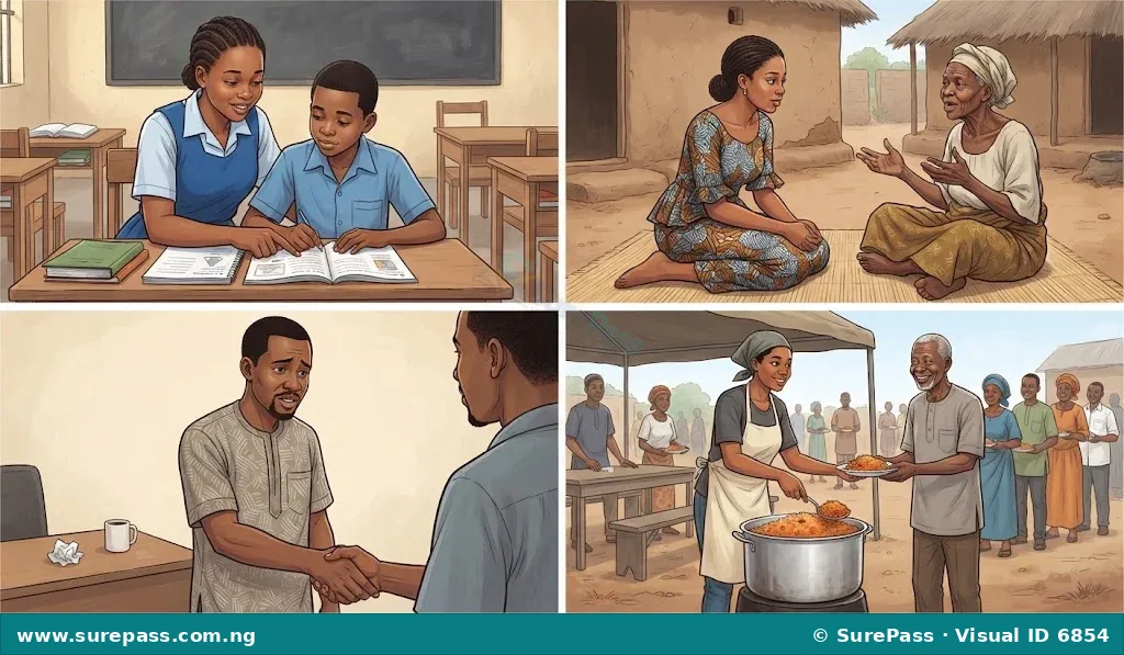 A collage of scenes showing people demonstrating humility by helping, listening, apologising, and serving.