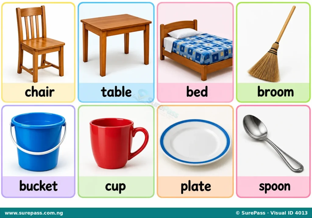 An illustration of common home objects including a chair, table, bed, broom, bucket, cup, plate, and spoon.