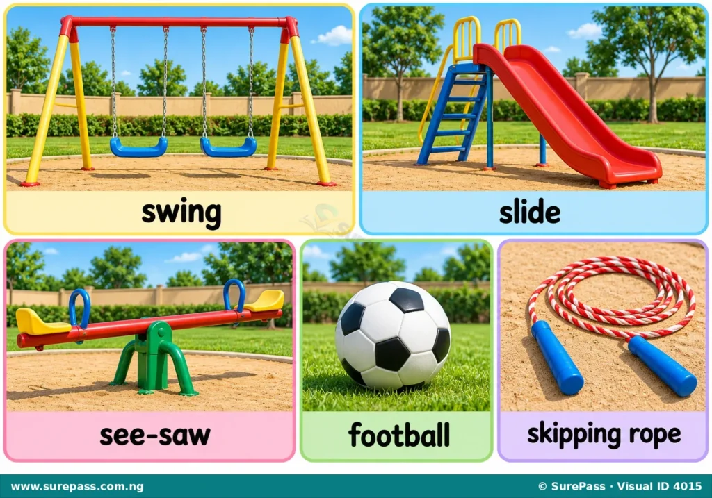 An illustration of common playground objects including a swing, slide, see-saw, football, and skipping rope.