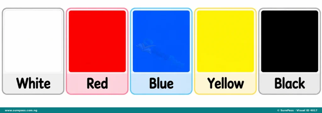 Five colour swatches labelled White, Red, Blue, Yellow, and Black.