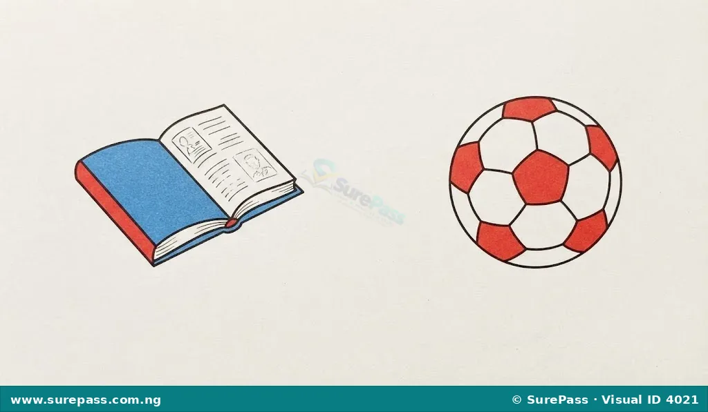 Simple drawings of a book and a ball. The book is a rectangle with a spine. The ball is a circle with curved lines.