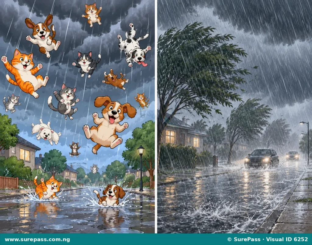 A split image showing the literal and figurative meaning of "raining cats and dogs". On the left, cartoon cats and dogs fall from the sky. On the right, heavy rain pours down.