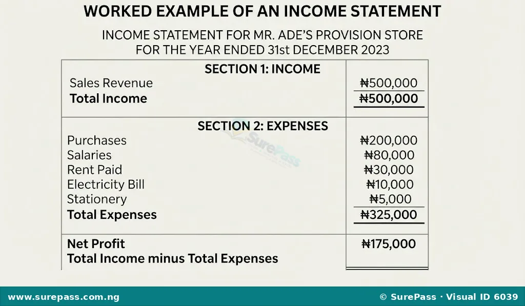 A worked example of an income statement for Mr. Ade's Provision Store, showing calculation of net profit.