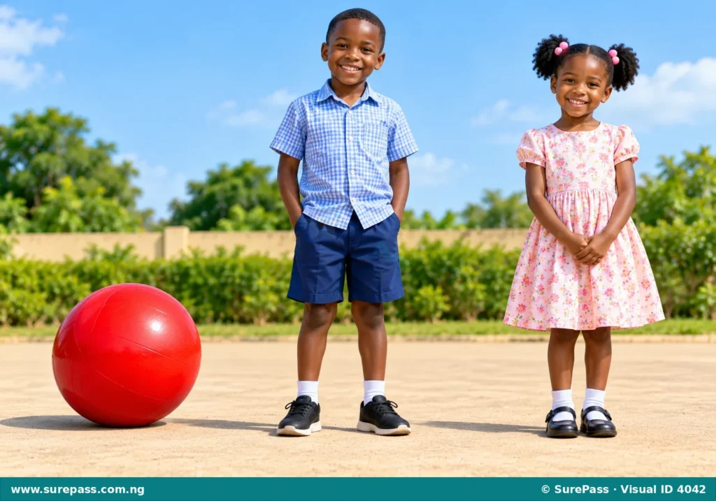 An image showing one red ball, one boy, and one girl.