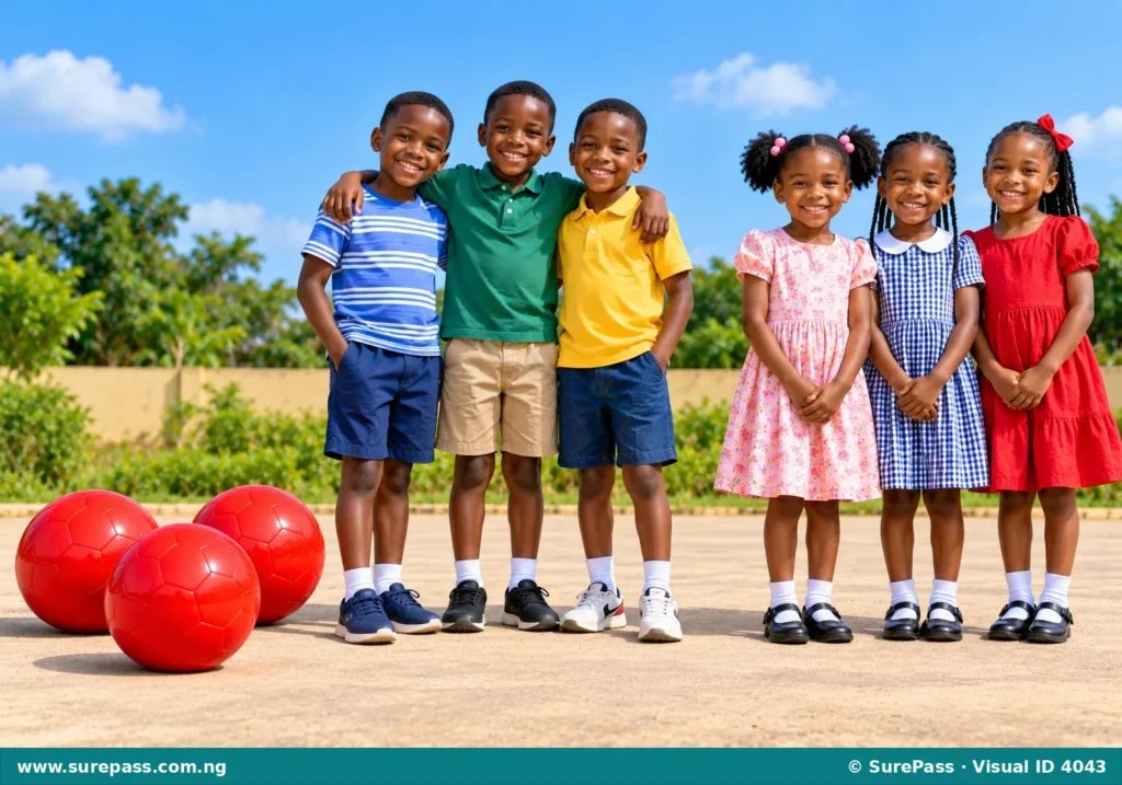 An image showing three red balls, three boys, and three girls.
