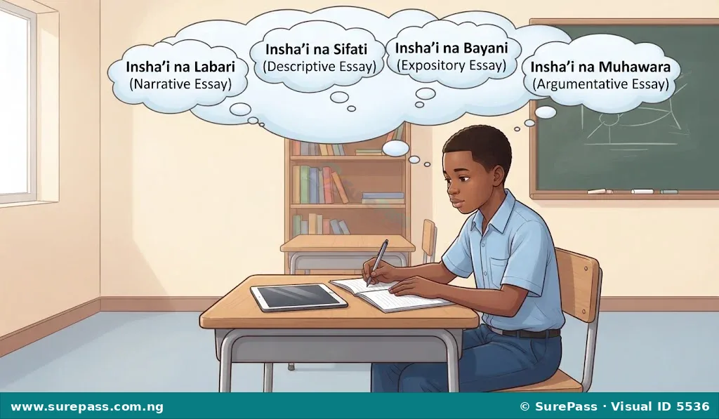 An illustration of a student brainstorming the four types of Hausa essays.