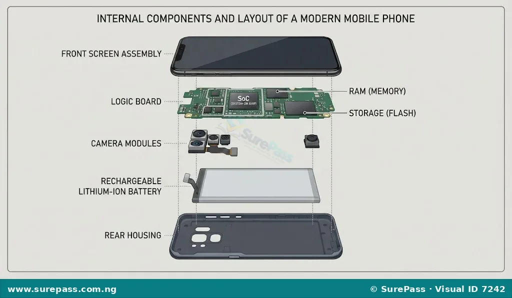 Exploded view of a mobile phone showing the logic board, battery, and internal chips.