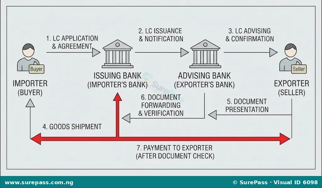 Diagram showing the steps of a Letter of Credit in international trade, involving importer, exporter, and their respective banks.