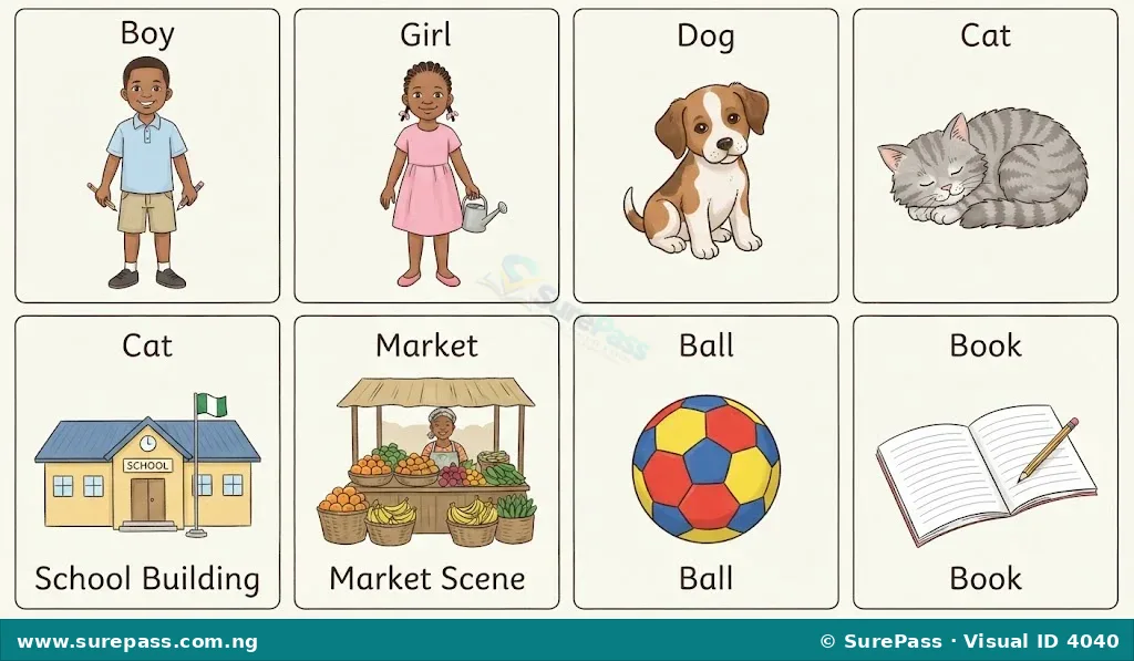 Illustrations of a boy, girl, dog, cat, school, market, ball, and book, representing different types of nouns.